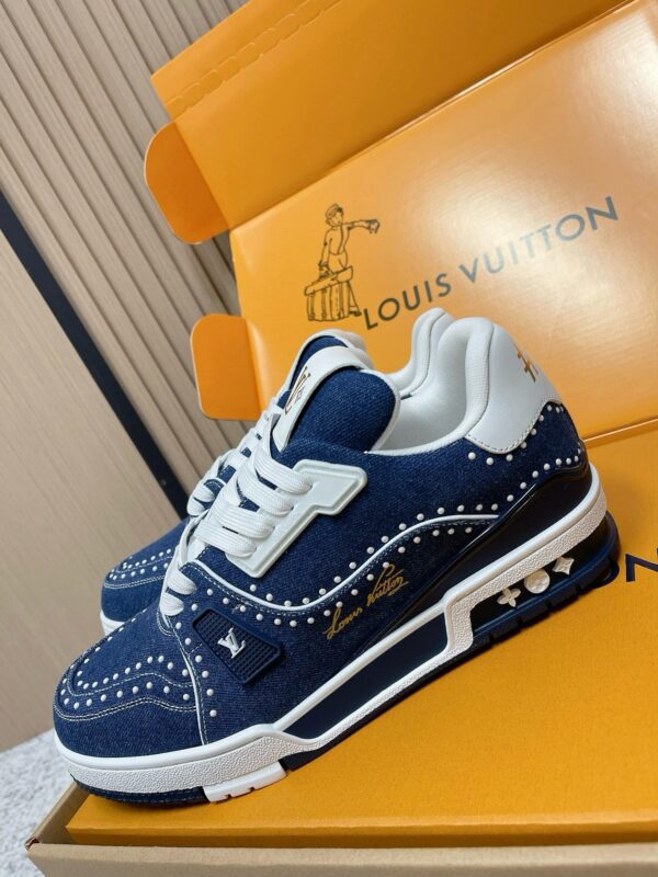 sy_no_E7BA40665B700004195FBB97F5348285_4 Louis Vuitton LV Trainer Indigo Denim with Pearl Studs Retro Sneakers