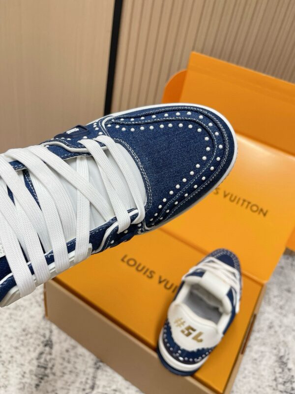sy_no_E7BA40665B700004195FBB97F5348285_6 Louis Vuitton LV Trainer Indigo Denim with Pearl Studs Retro Sneakers