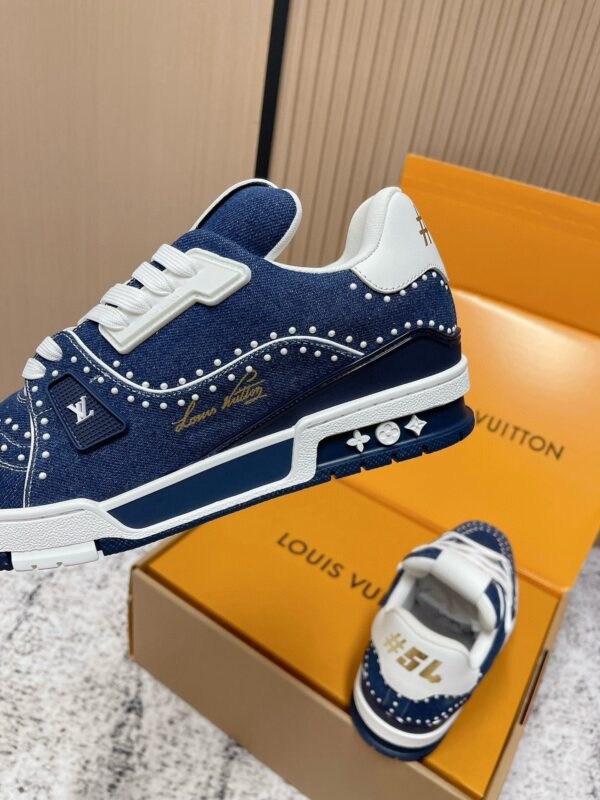 sy_no_E7BA40665B700004195FBB97F5348285_8 Louis Vuitton LV Trainer Indigo Denim with Pearl Studs Retro Sneakers