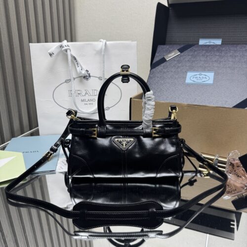 Black Vintage Glossy Leather Buckle Mini Handbag