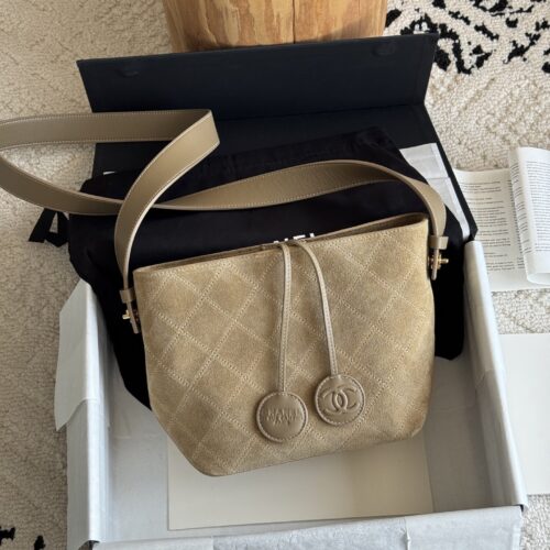 Sand Gold / Khaki Beige Suede Quilted Drawstring Bucket Bag