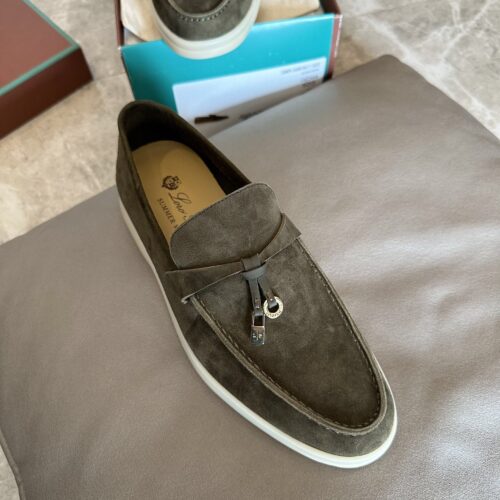Loro Piana Summer Charms Walk Olive Green Suede Loafers