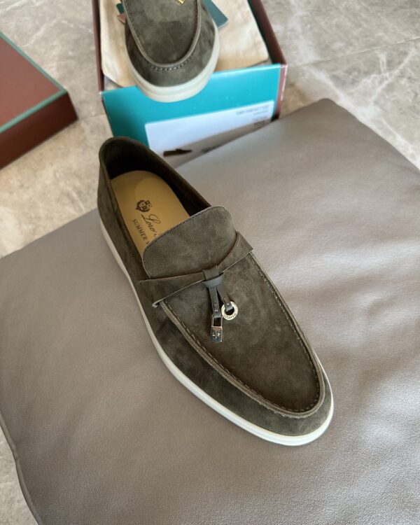 sy_no_E9E25AFA9C4EAF5E870EA414931F054C_0 Loro Piana Summer Charms Walk Olive Green Suede Loafers