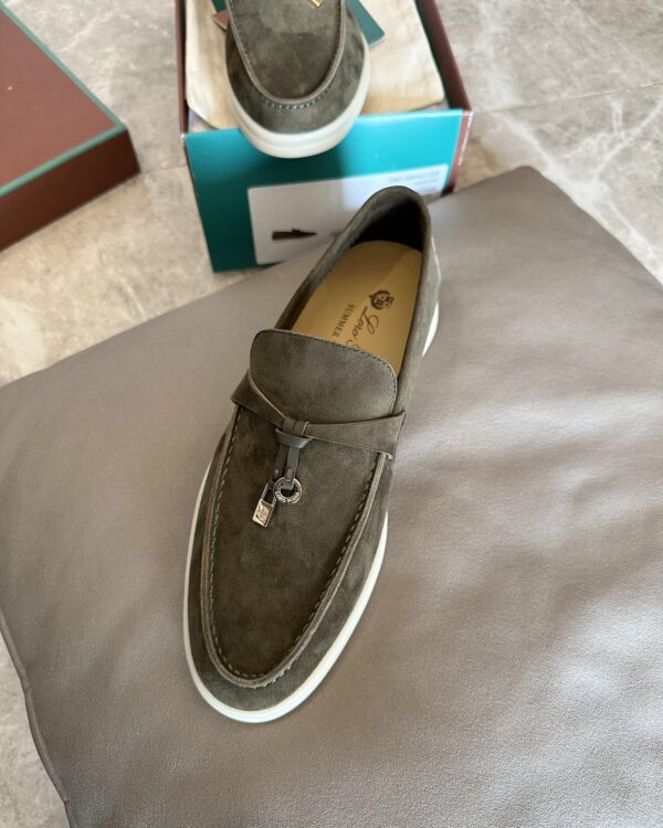 sy_no_E9E25AFA9C4EAF5E870EA414931F054C_1 Loro Piana Summer Charms Walk Olive Green Suede Loafers