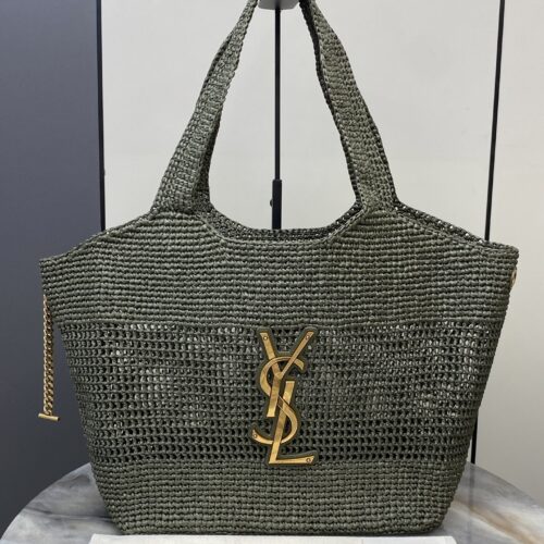 YSL Small Icare Woven Tote – Green & Gold