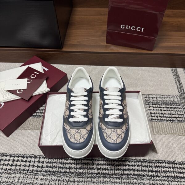 sy_no_EFDC9E6CA573DBE35C6CF00931E319C2_0 Gucci Re-Web Sneaker in Beige/Blue GG Canvas with Blue & Grey Leather Trim