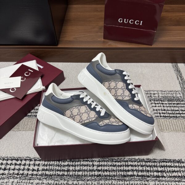 sy_no_EFDC9E6CA573DBE35C6CF00931E319C2_1 Gucci Re-Web Sneaker in Beige/Blue GG Canvas with Blue & Grey Leather Trim