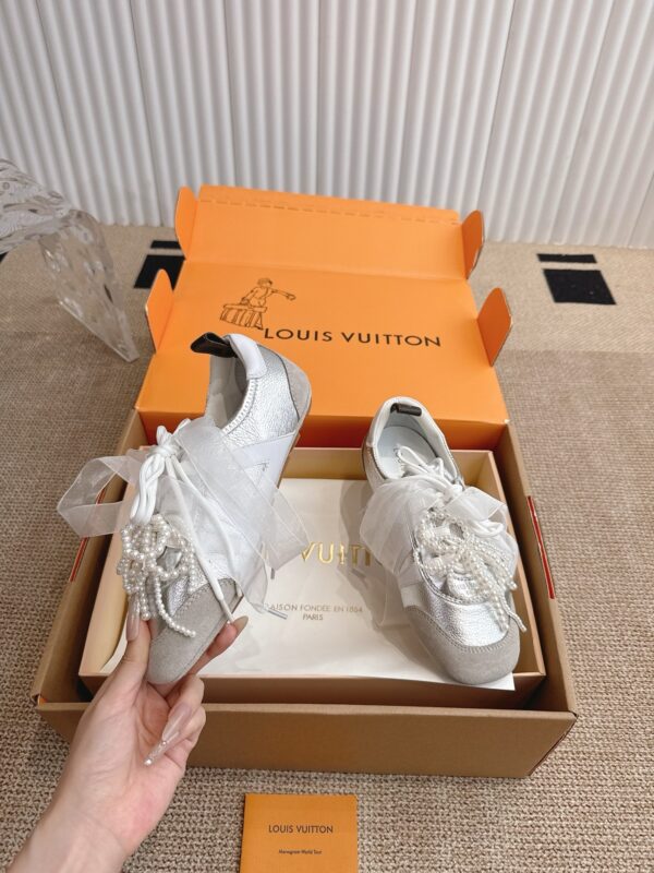 sy_no_F170B403272174C90452268B8290C50B_3 Louis Vuitton Metallic Silver Pearl Bow Ribbon Thin-Sole Sneakers