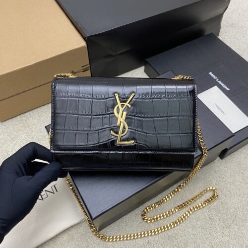 Kate 24cm Shoulder Bag – Glossy Black Crocodile-Embossed Leather & Gold