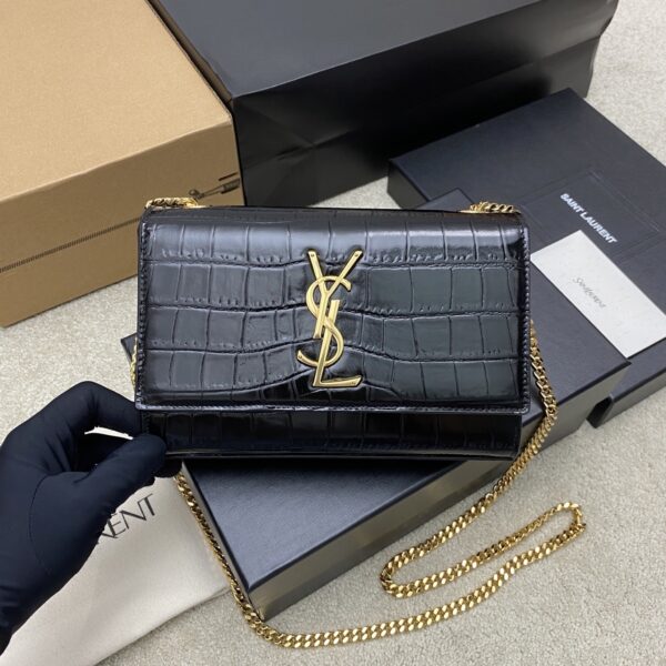 Kate 24cm Shoulder Bag – Glossy Black Crocodile-Embossed Leather & Gold