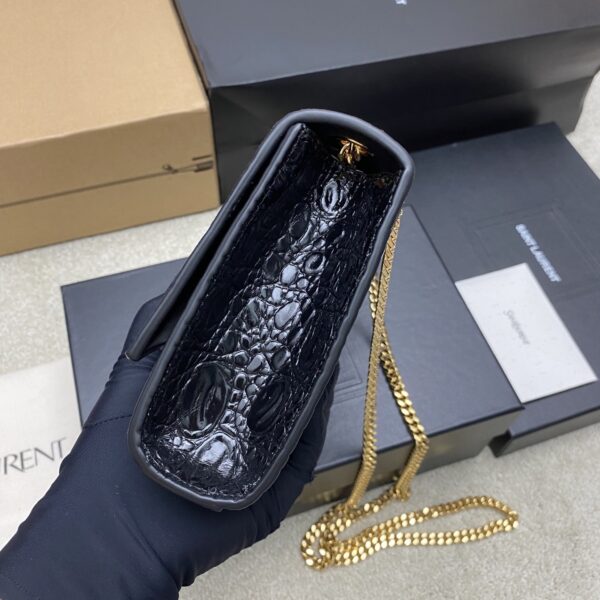 Kate 24cm Shoulder Bag – Glossy Black Crocodile-Embossed Leather & Gold