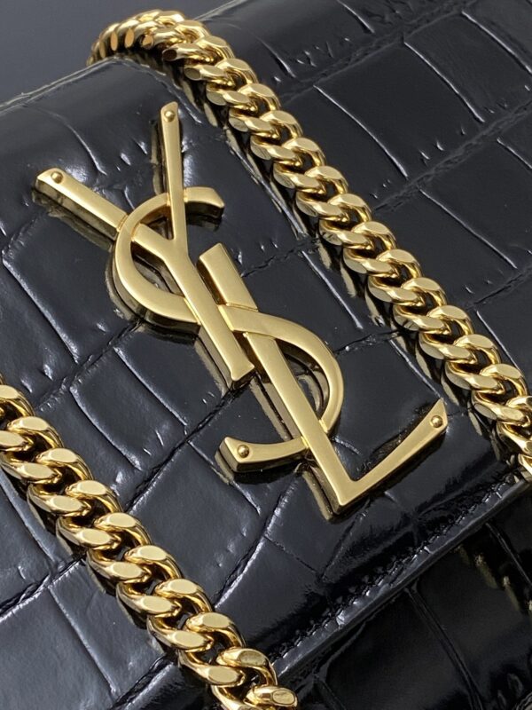 Kate 24cm Shoulder Bag – Glossy Black Crocodile-Embossed Leather & Gold