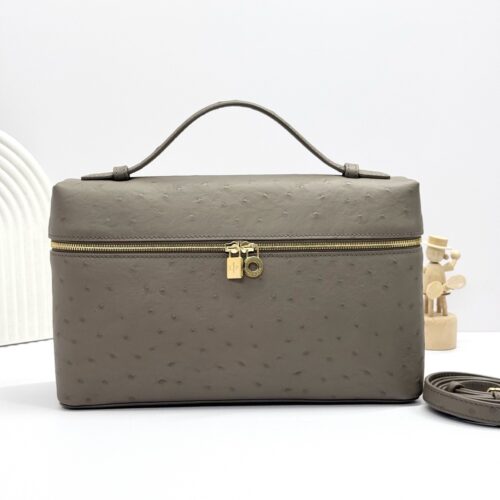 L27 Ostrich-embossed calfskin handbag, suitable for crossbody or hand-carry, taupe.