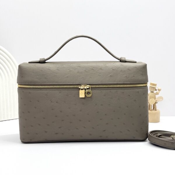 L27 Ostrich-embossed calfskin handbag, suitable for crossbody or hand-carry, taupe.