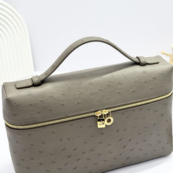 L27 Ostrich-embossed calfskin handbag, suitable for crossbody or hand-carry, taupe.