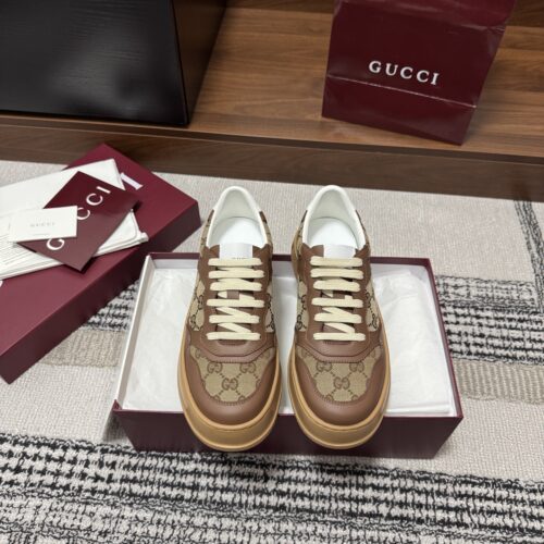sy_no_F6003CBE59D16B093FDDC5EADEA472A7_0 Gucci Re-Web Sneaker in Beige & Ebony GG Supreme Canvas with Brown Leather Trim