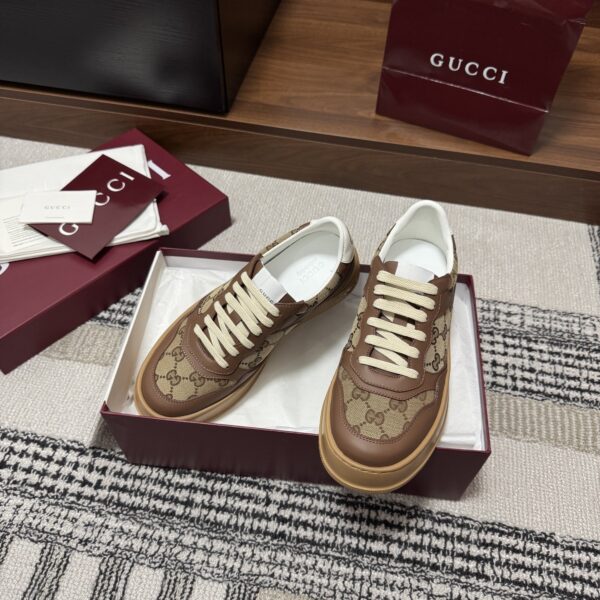 sy_no_F6003CBE59D16B093FDDC5EADEA472A7_1 Gucci Re-Web Sneaker in Beige & Ebony GG Supreme Canvas with Brown Leather Trim