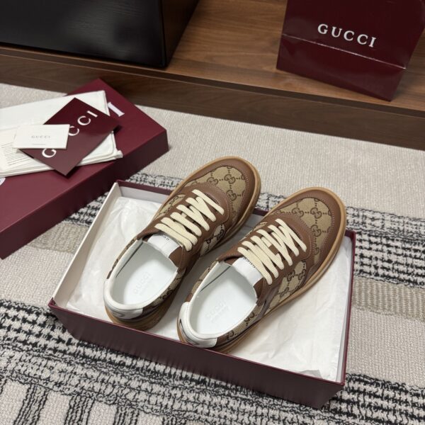 sy_no_F6003CBE59D16B093FDDC5EADEA472A7_3 Gucci Re-Web Sneaker in Beige & Ebony GG Supreme Canvas with Brown Leather Trim