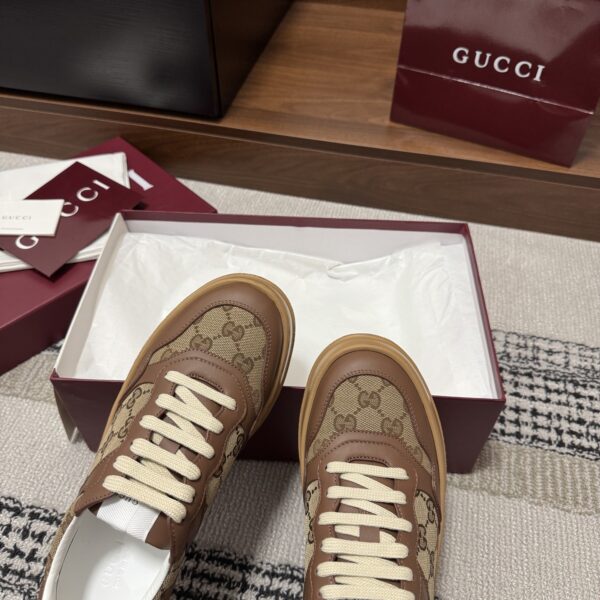 sy_no_F6003CBE59D16B093FDDC5EADEA472A7_4 Gucci Re-Web Sneaker in Beige & Ebony GG Supreme Canvas with Brown Leather Trim