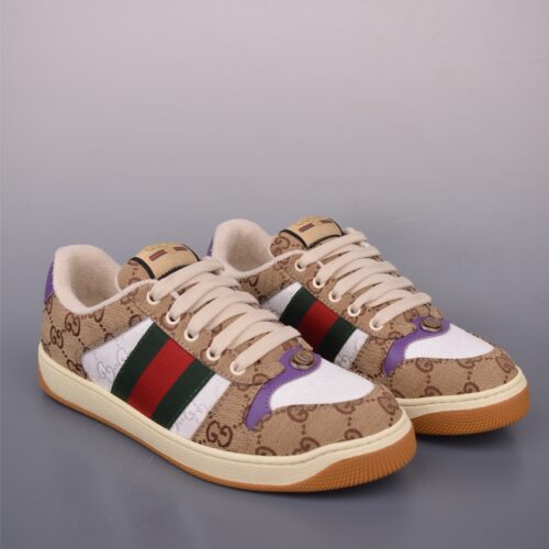 Gucci Screener Sneaker in Beige/Ebony GG Canvas with Purple Leather Accents & Green/Red Web Stripe