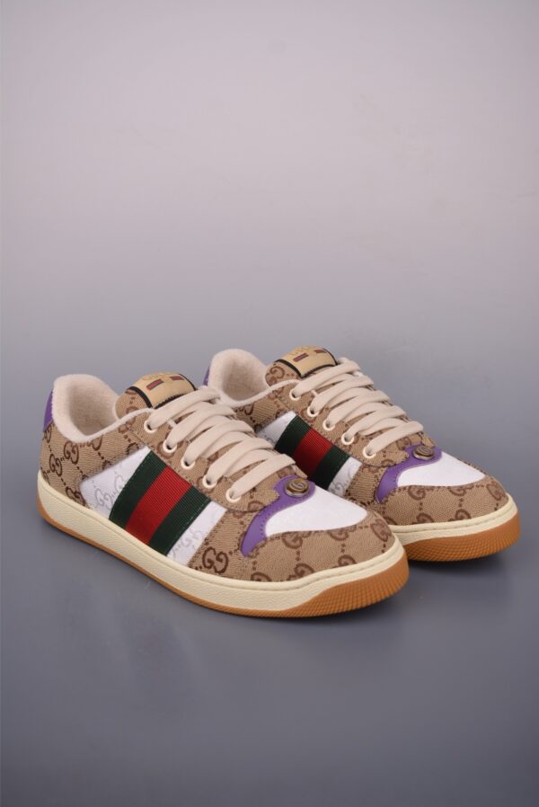 sy_no_F645BD6973DA408B815F048F5F2617CF_0 Gucci Screener Sneaker in Beige/Ebony GG Canvas with Purple Leather Accents & Green/Red Web Stripe