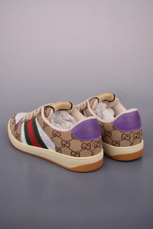 sy_no_F645BD6973DA408B815F048F5F2617CF_1 Gucci Screener Sneaker in Beige/Ebony GG Canvas with Purple Leather Accents & Green/Red Web Stripe
