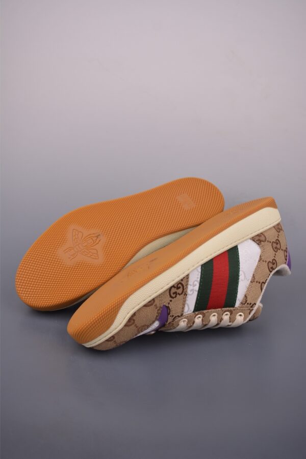 sy_no_F645BD6973DA408B815F048F5F2617CF_2 Gucci Screener Sneaker in Beige/Ebony GG Canvas with Purple Leather Accents & Green/Red Web Stripe