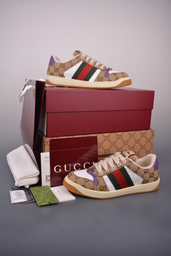 sy_no_F645BD6973DA408B815F048F5F2617CF_4 Gucci Screener Sneaker in Beige/Ebony GG Canvas with Purple Leather Accents & Green/Red Web Stripe