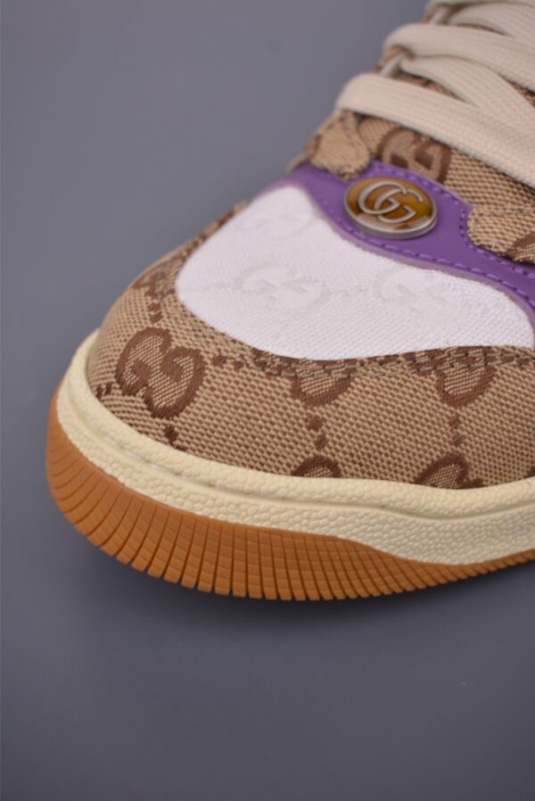 sy_no_F645BD6973DA408B815F048F5F2617CF_5 Gucci Screener Sneaker in Beige/Ebony GG Canvas with Purple Leather Accents & Green/Red Web Stripe