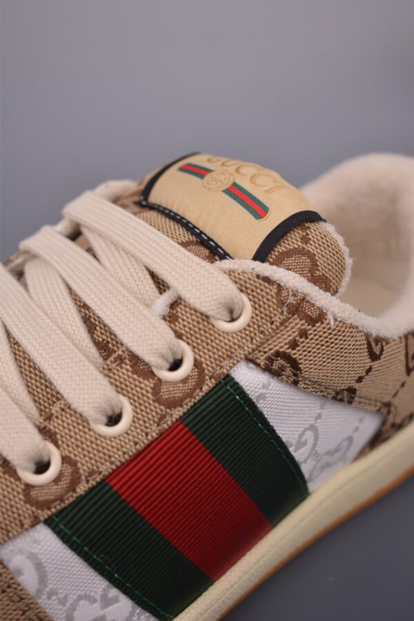 sy_no_F645BD6973DA408B815F048F5F2617CF_6 Gucci Screener Sneaker in Beige/Ebony GG Canvas with Purple Leather Accents & Green/Red Web Stripe