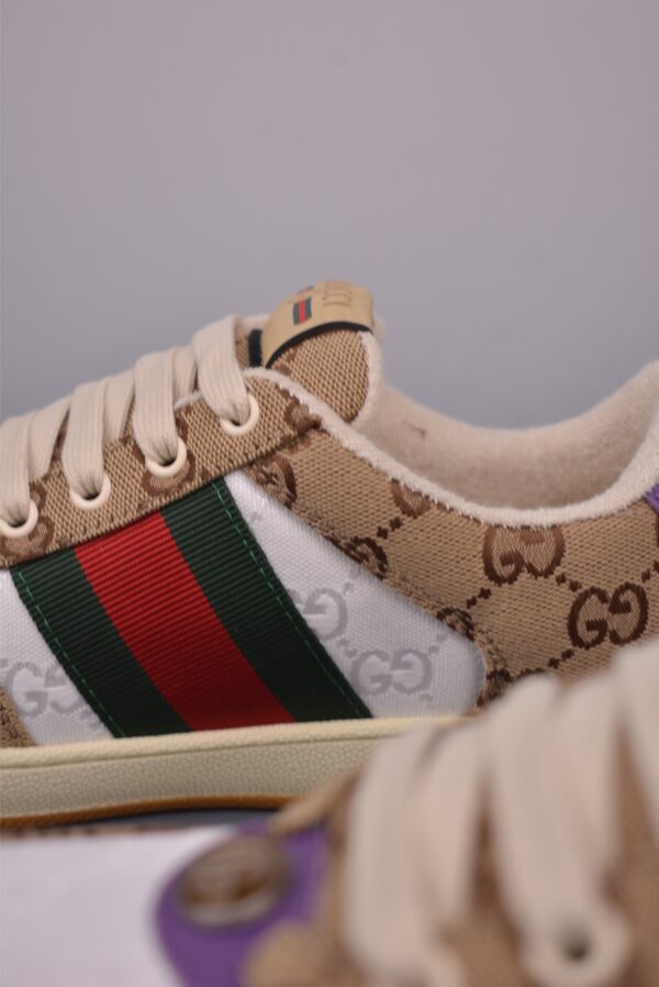 sy_no_F645BD6973DA408B815F048F5F2617CF_7 Gucci Screener Sneaker in Beige/Ebony GG Canvas with Purple Leather Accents & Green/Red Web Stripe