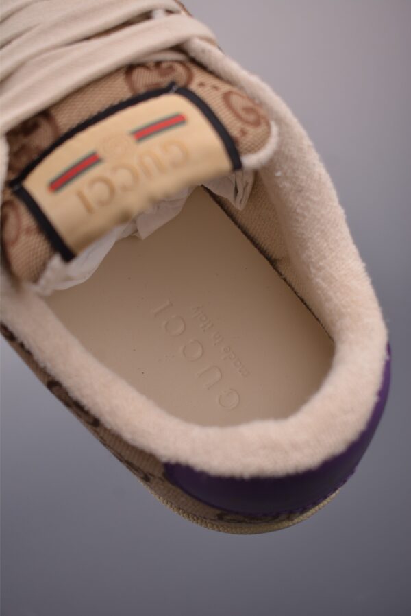 sy_no_F645BD6973DA408B815F048F5F2617CF_8 Gucci Screener Sneaker in Beige/Ebony GG Canvas with Purple Leather Accents & Green/Red Web Stripe