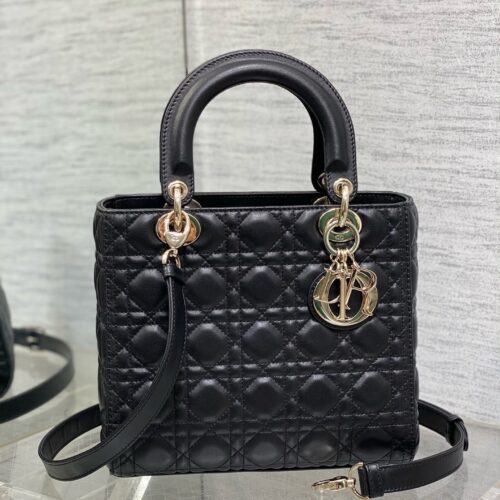 Dior Black and Gold Lambskin 5-Gusset Lady Dior Bag