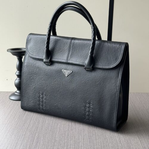 Prada-Inspired Large Leather Briefcase – Black