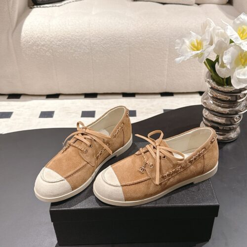 Chanel Brown Suede Low-Top Shoe with Cap-Toe & CC Chain Detail