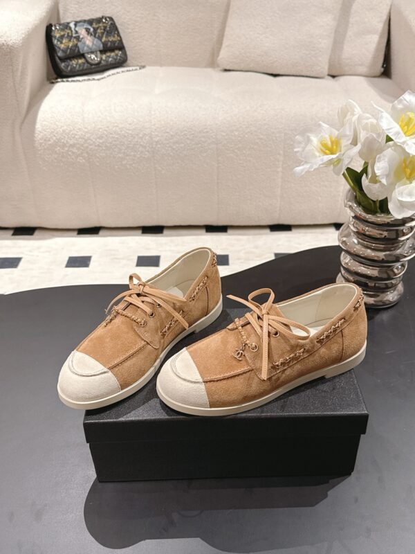 Chanel Brown Suede Low-Top Shoe with Cap-Toe & CC Chain Detail