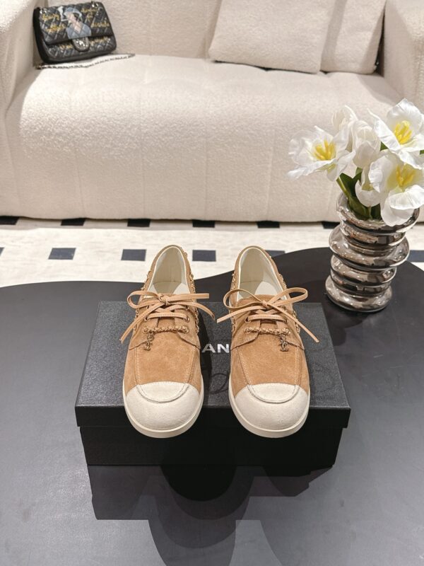 Chanel Brown Suede Low-Top Shoe with Cap-Toe & CC Chain Detail