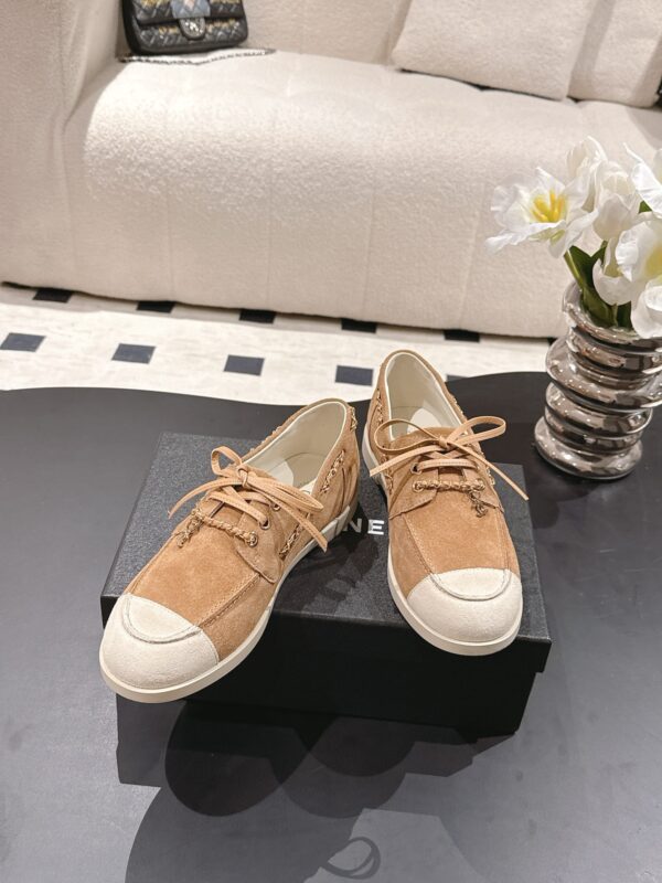 Chanel Brown Suede Low-Top Shoe with Cap-Toe & CC Chain Detail