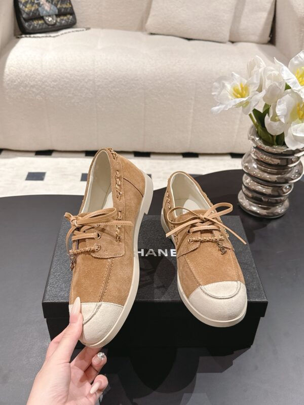 Chanel Brown Suede Low-Top Shoe with Cap-Toe & CC Chain Detail