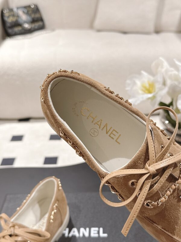 Chanel Brown Suede Low-Top Shoe with Cap-Toe & CC Chain Detail