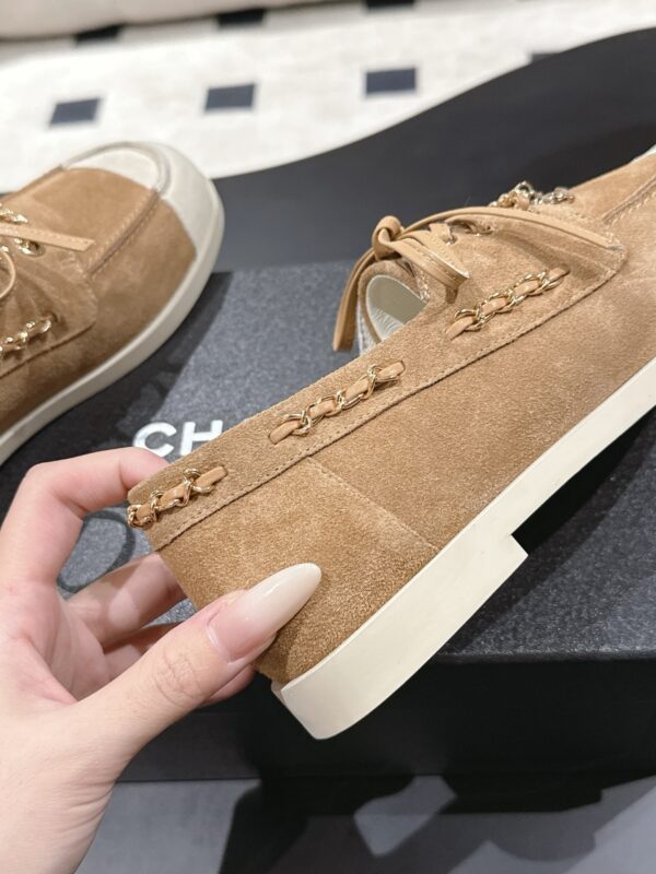 Chanel Brown Suede Low-Top Shoe with Cap-Toe & CC Chain Detail