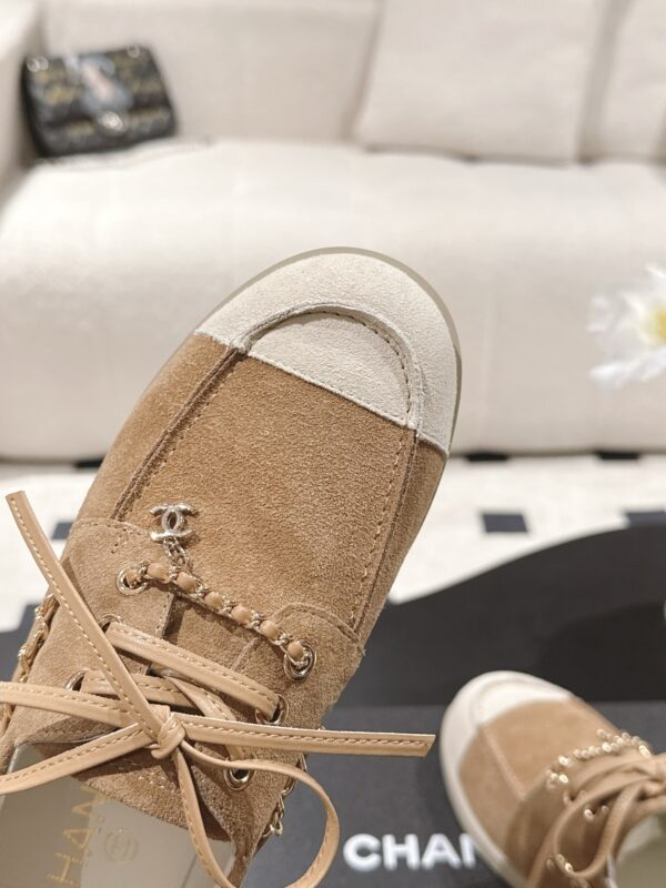 Chanel Brown Suede Low-Top Shoe with Cap-Toe & CC Chain Detail