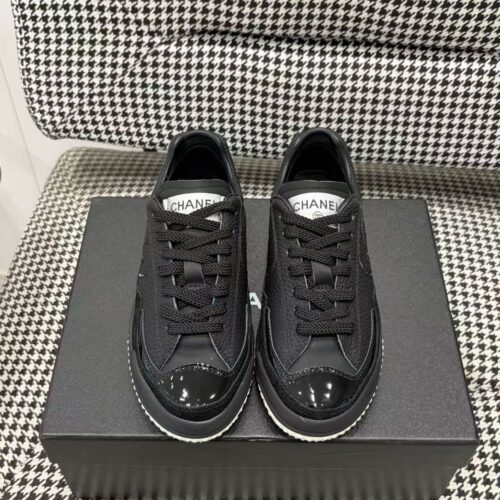 Chanel Black Leather Low-Top Sneaker with Patent Cap-Toe