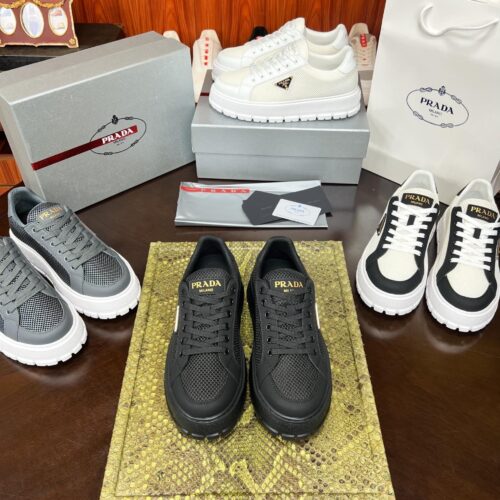 Prada Black Mesh Gold-Trim Triangle Tread Platform Sneaker