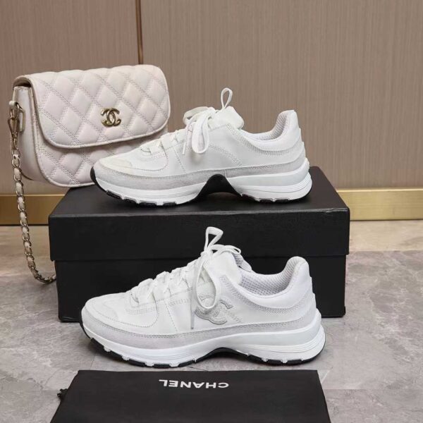 Chanel All-White Leather and Suede Low-Top Sneaker with Tonal CC Logo