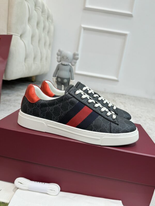 sy_no_0C9A8011865BB58C6BA204F5BC79F309_0 Gucci Screener GG Supreme Canvas Sneaker in Black & Grey with Blue/Red Web Stripe