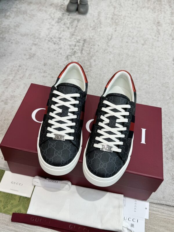 sy_no_0C9A8011865BB58C6BA204F5BC79F309_1 Gucci Screener GG Supreme Canvas Sneaker in Black & Grey with Blue/Red Web Stripe