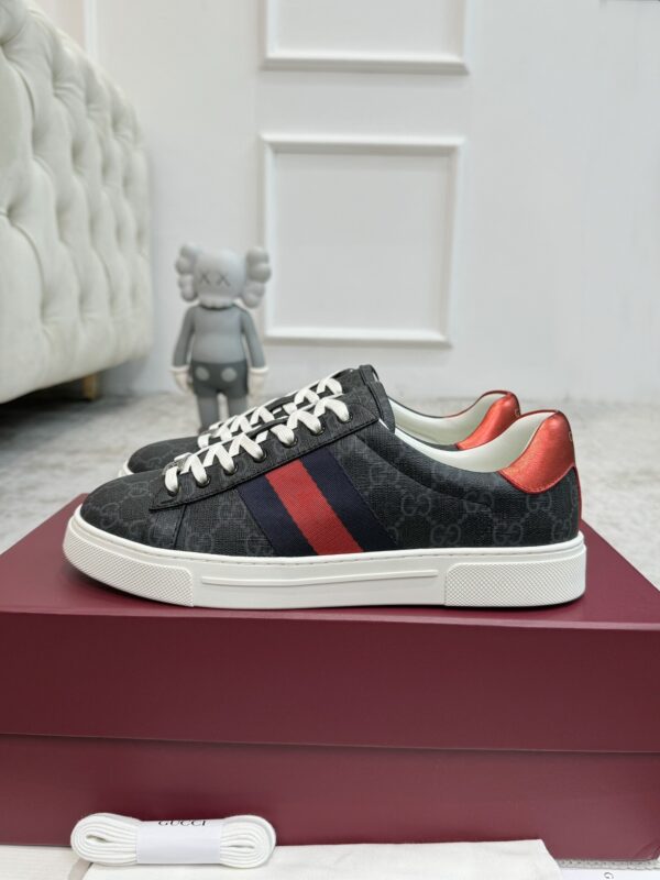 sy_no_0C9A8011865BB58C6BA204F5BC79F309_2 Gucci Screener GG Supreme Canvas Sneaker in Black & Grey with Blue/Red Web Stripe