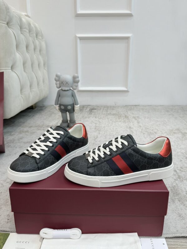 sy_no_0C9A8011865BB58C6BA204F5BC79F309_4 Gucci Screener GG Supreme Canvas Sneaker in Black & Grey with Blue/Red Web Stripe