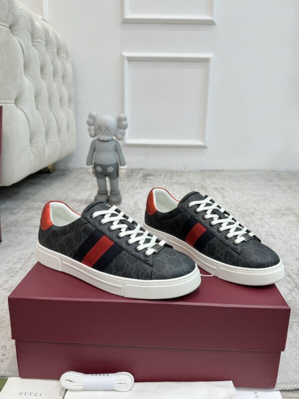 sy_no_0C9A8011865BB58C6BA204F5BC79F309_5 Gucci Screener GG Supreme Canvas Sneaker in Black & Grey with Blue/Red Web Stripe